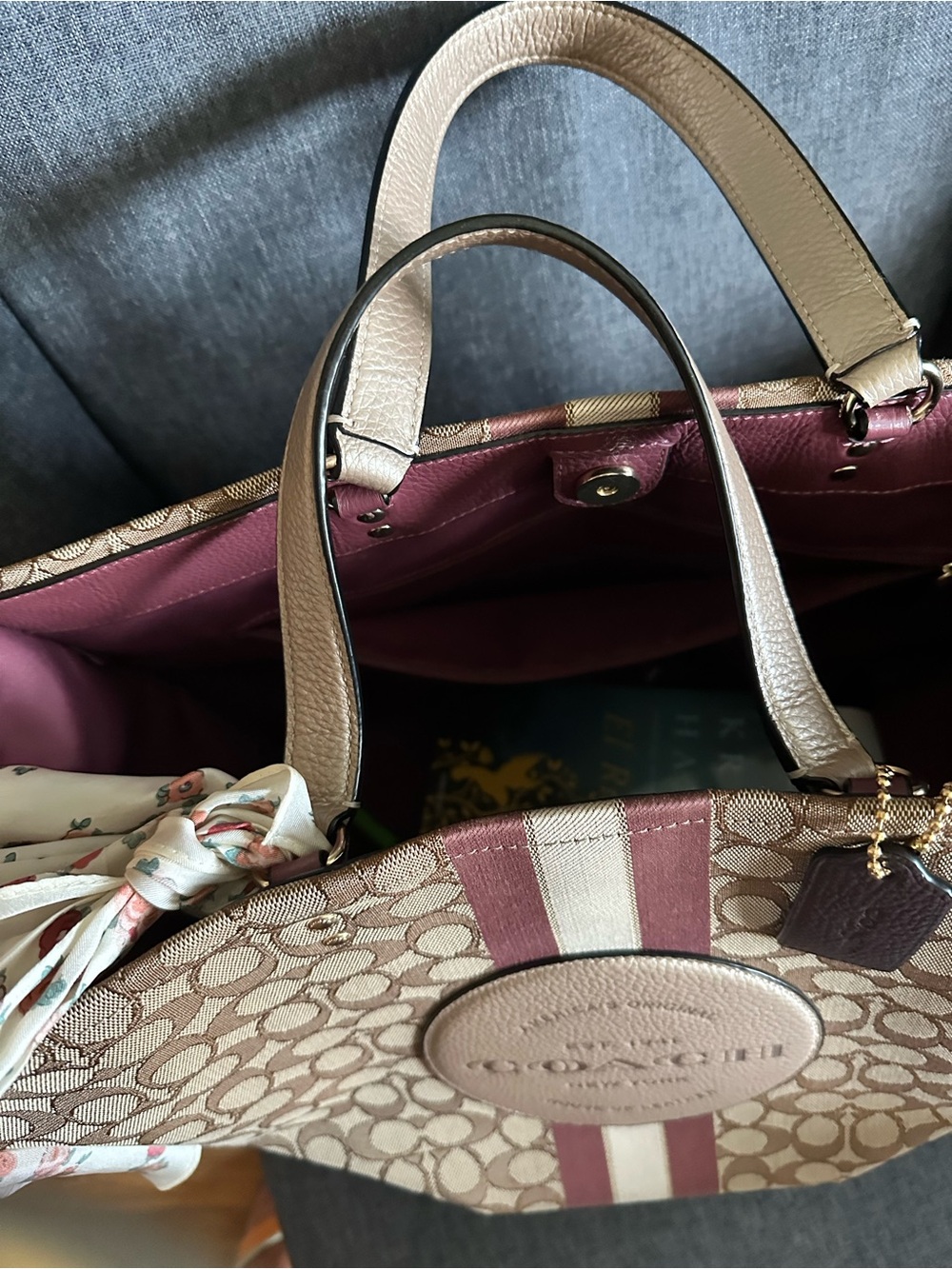 Coach Beige Canvas Tote with Burgundy Stripe and Brown Trim - Picture 5 of 9